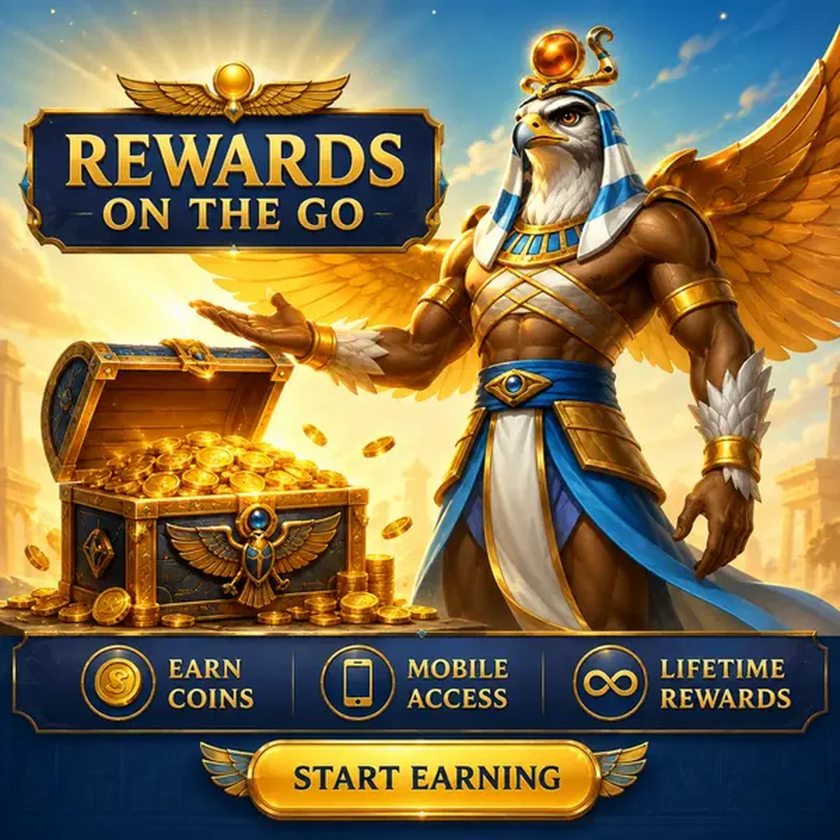 Dawn Warden presentando cofre del tesoro lleno de monedas en la aplicación móvil de Amun Ra Casino