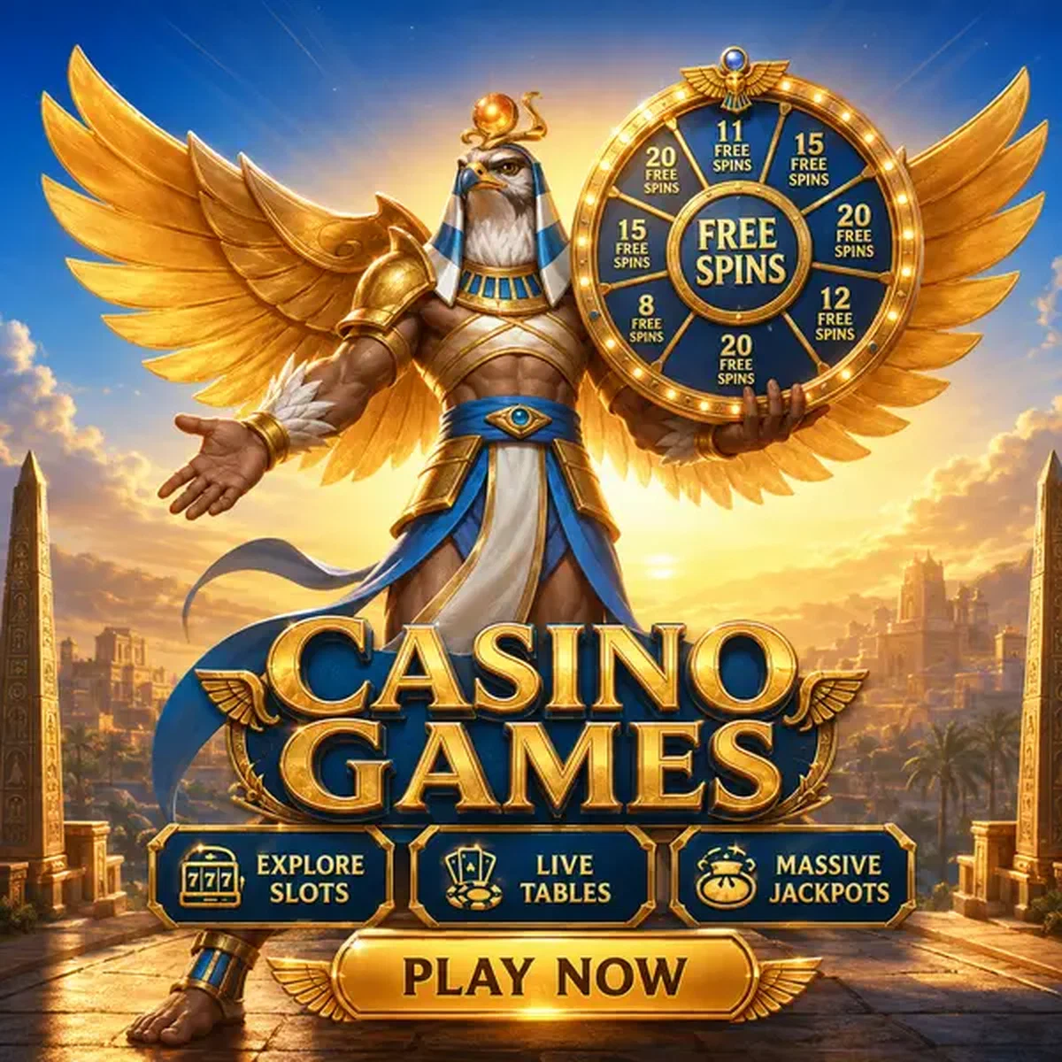 Guardián con cabeza de halcón presentando rueda de tiradas gratis en la terraza del amanecer de Amun Ra Casino Games