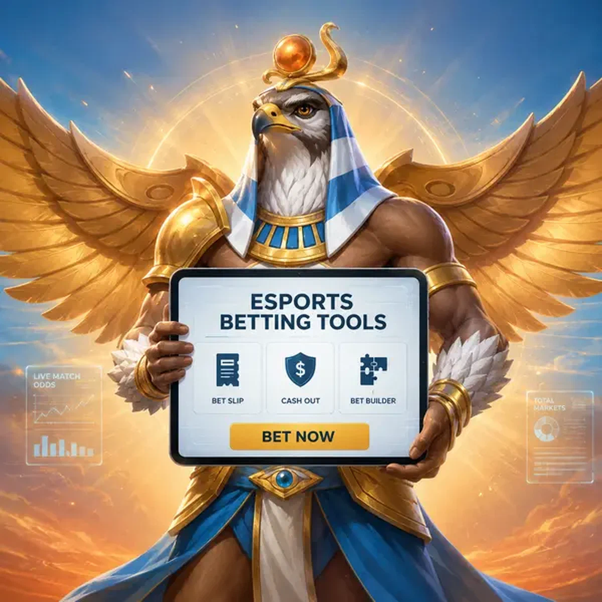 Dawn Warden presentando herramientas de apuestas en esports en tablet luminosa en Amun Ra Casino