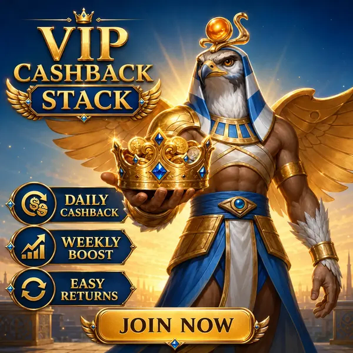 Pila de cashback VIP con corona de bono de bienvenida brillando en terraza iluminada al amanecer