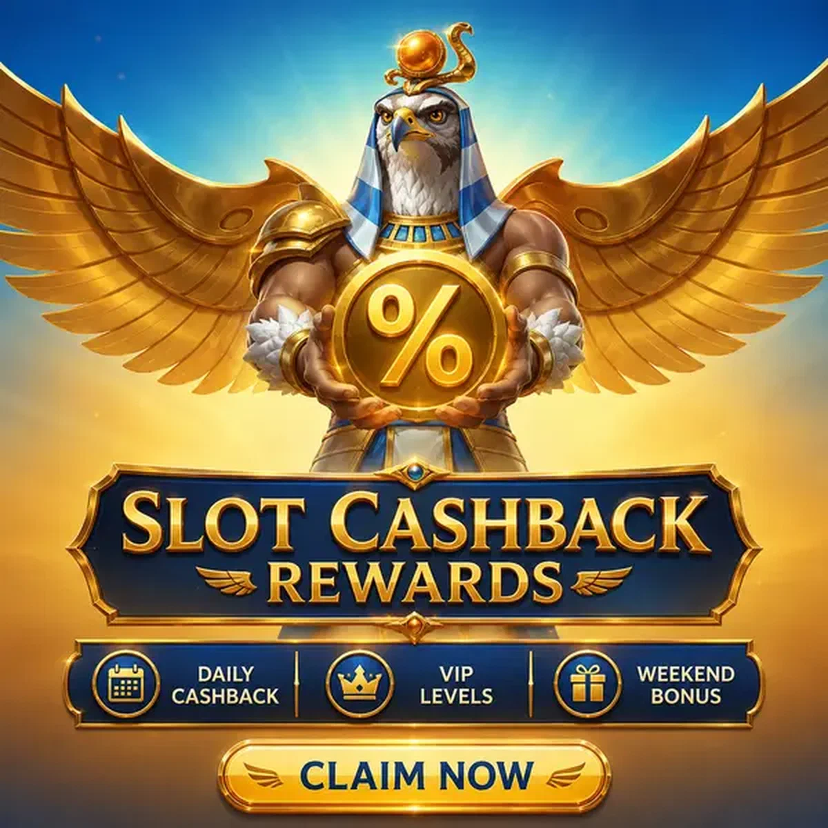 Dawn Warden presentando recompensas de cashback de tragaperras en Amun Ra con emblema de porcentaje dorado