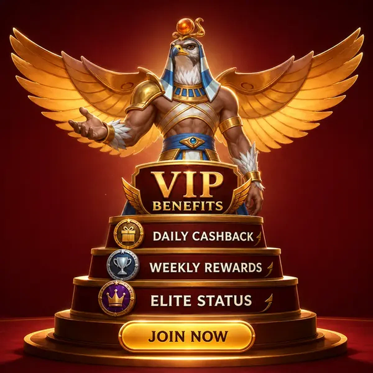 Guardián con cabeza de halcón presentando insignias de nivel VIP mientras el jugador inicia sesión en el programa de recompensas exclusivas