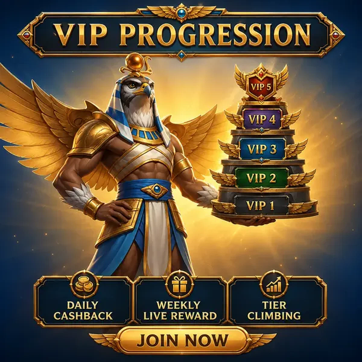 Guardián halcón presentando insignias de niveles de progresión VIP en el portal de registro de Progresión VIP y Recompensas a Largo Plazo