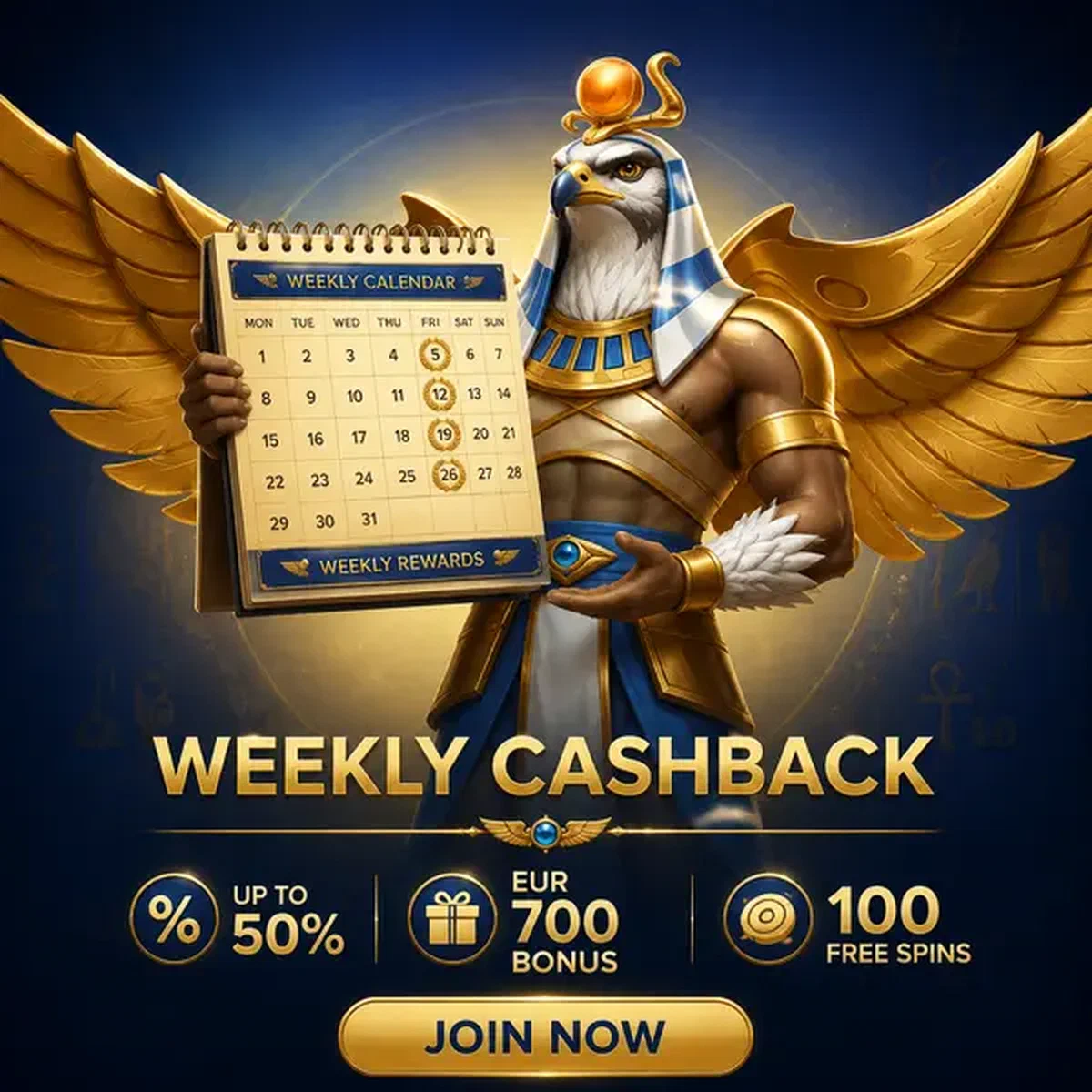 Guardián del Amanecer presentando calendario de cashback semanal en Ritmo de Cashback Semanal y Calendario de Recarga de Amun Ra