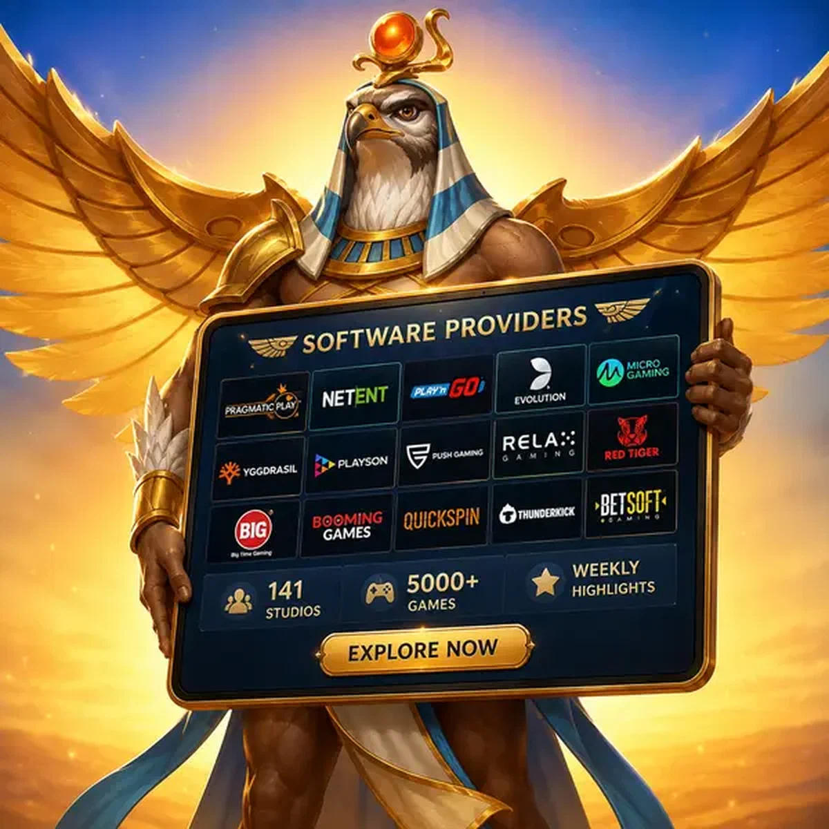 Guardián del Amanecer presenta proveedores de software de Amun Ra en pantalla de tableta brillante