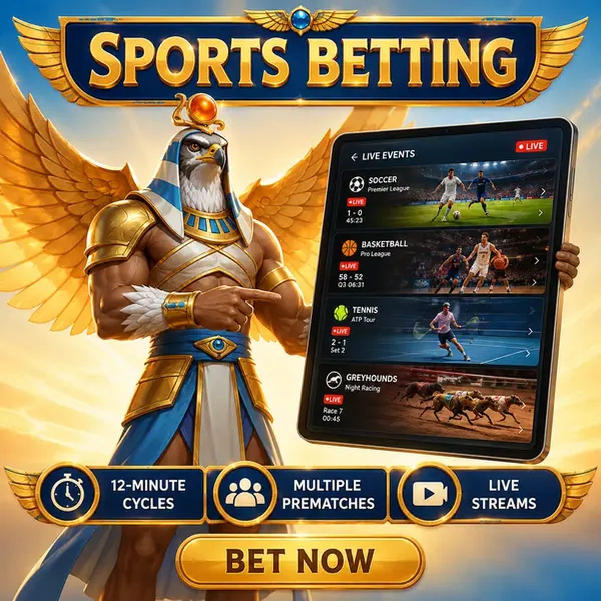Guardián con cabeza de halcón presentando eventos de apuestas deportivas en la pantalla de Amun Ra Sports Betting
